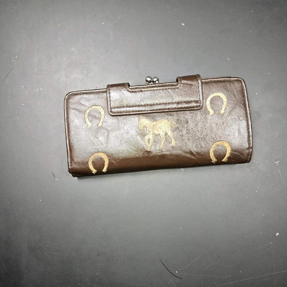 Vintage Western Horse Horseshoe Brown Faux Leather Kiss Lock Trifold Wallet - Picture 8 of 9